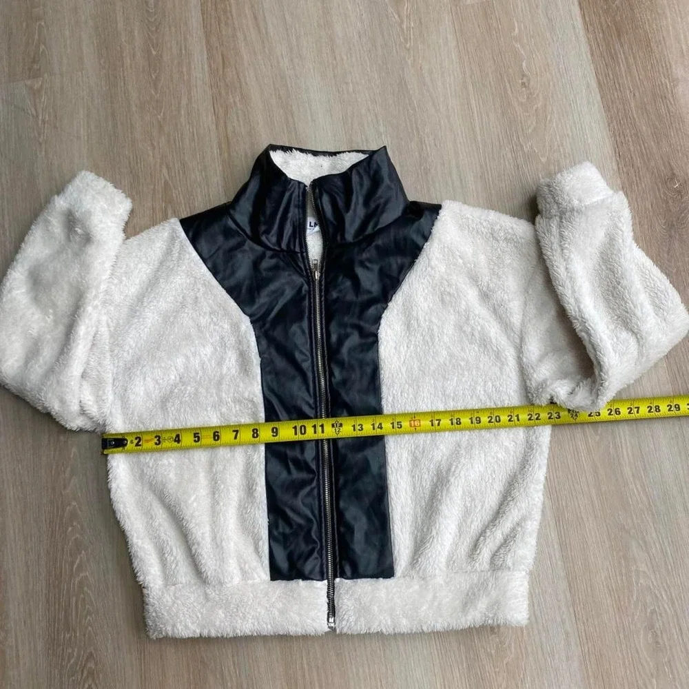 LNA Clothing cream Sherpa faux fur jacket with black leather details size S